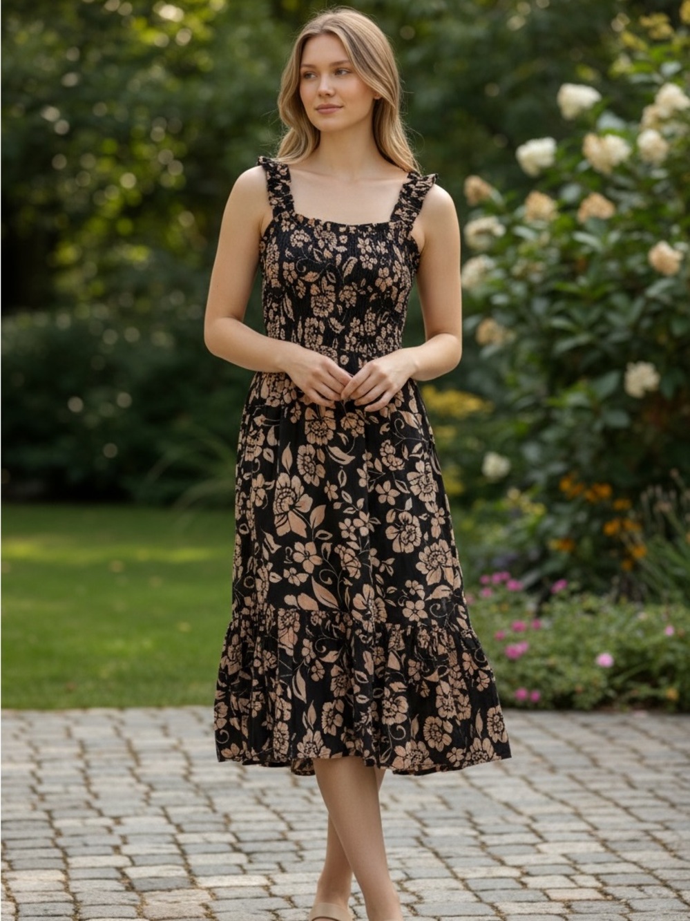 Patrons of Peace Black Midi Dress with Blush Floral Print